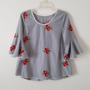 Lodys Striped Embroidered Bell Sleeve Top